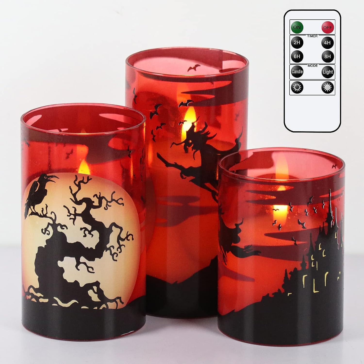 Halloween Flameless Candles, LED Flickering Battery Pillar Candles with 6H Timer and Pumpkin Decals, Spooky Fall Halloween Festival Party Decoration Set of 3 (D 3” X H 4” 5” 6”)
