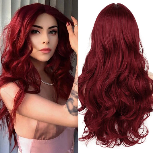 Long Red Lace Front Wig for Women Middle Parts Long Wavy Human Hair Wig with Lace Front Wig Caps Wigs for Women 24Inch