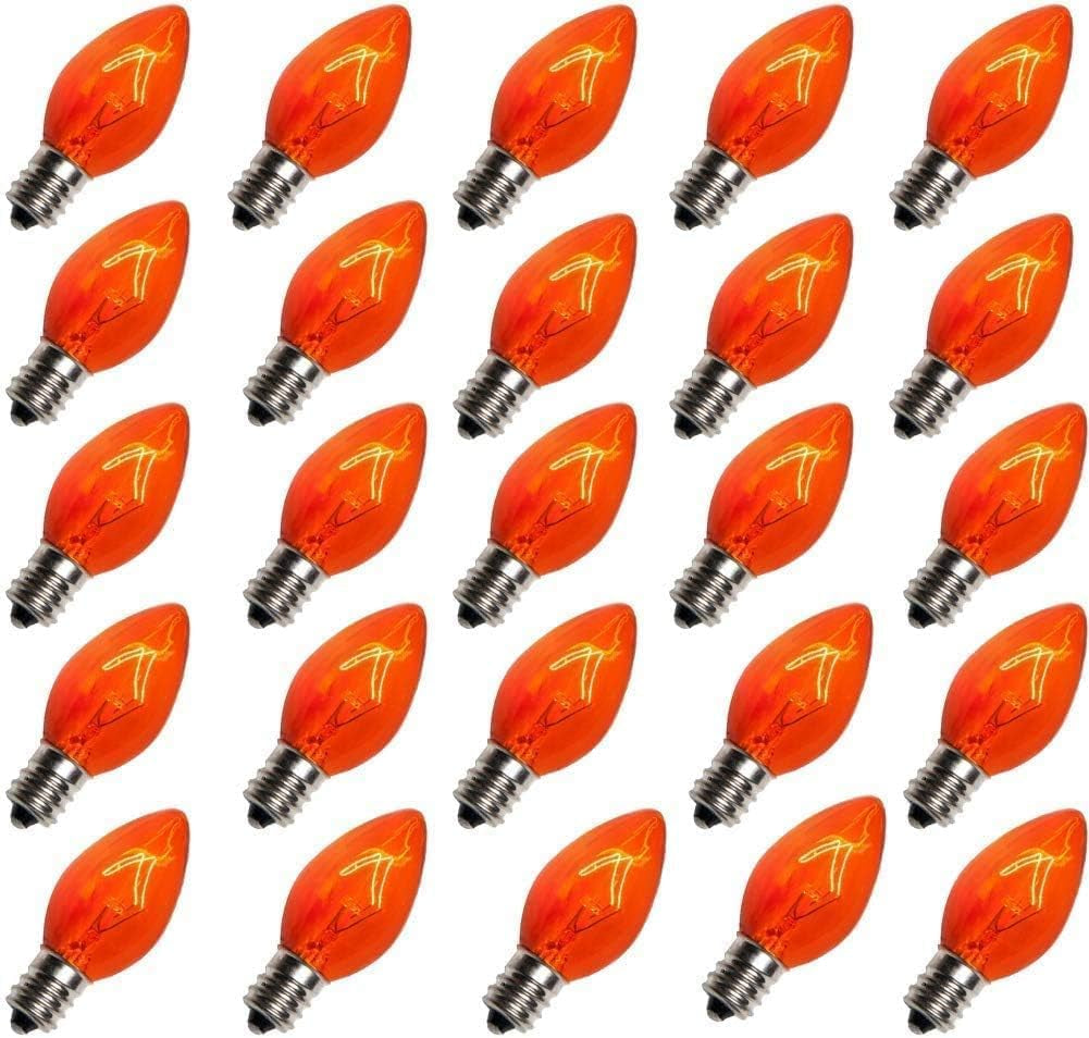 25 Pack C7 Halloween Replacement Light Bulbs, Orange Ceramic Christmas Lights for Halloween Outdoor Patio Indoor Xmas String Lights, C7/E12 Candelabra Base, 5 Watt, Orange