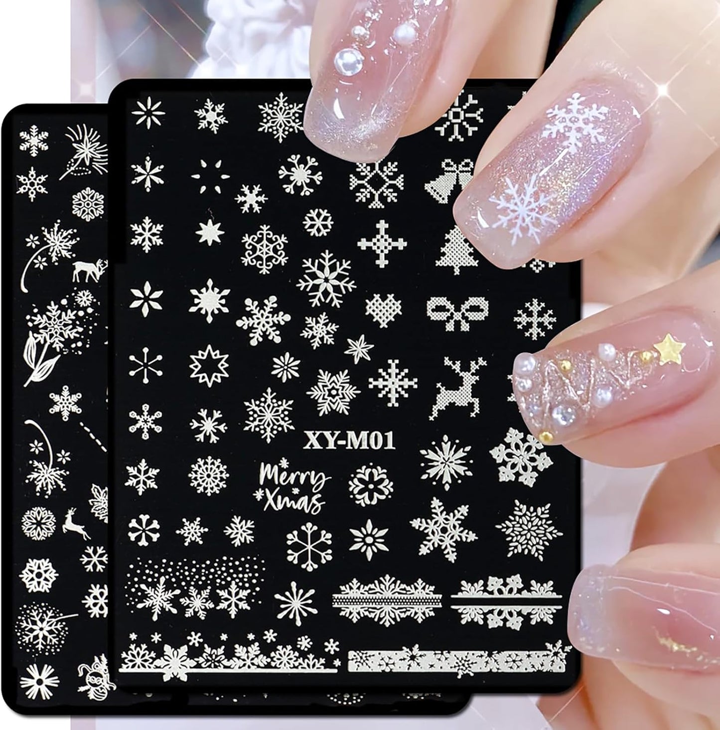 6Pcs Christmas Stamping Plates Set Winter Nail Stamp Kit Xmas Art Image Plates with Snowflakes Tree Bell Snowman Elk Designs DIY Stainless Steel Polish Template