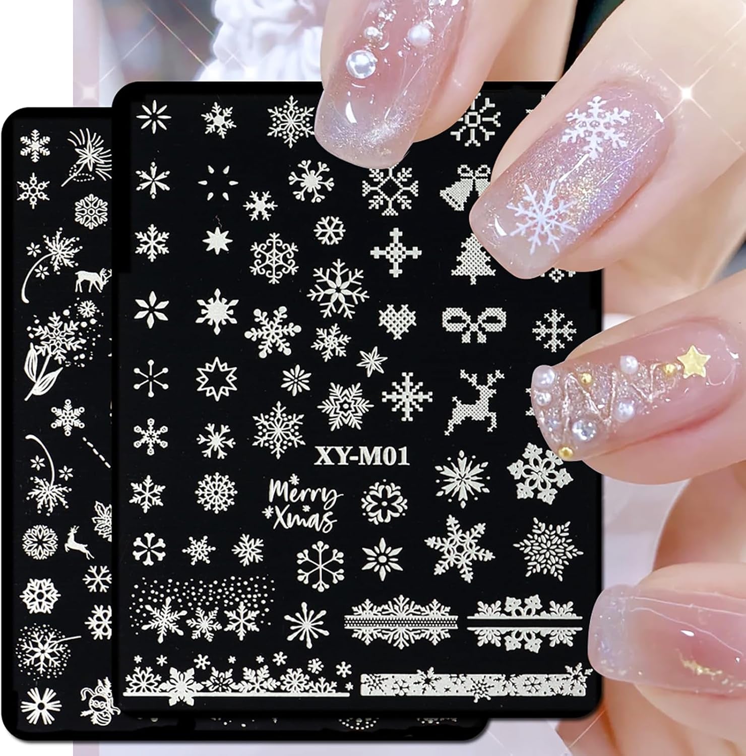 6Pcs Christmas Stamping Plates Set Winter Nail Stamp Kit Xmas Art Image Plates with Snowflakes Tree Bell Snowman Elk Designs DIY Stainless Steel Polish Template