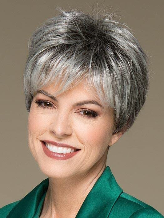 Short Grey Wigs for Women Gray White Pixie Cut Wigs with Dark Root Layered Sy...