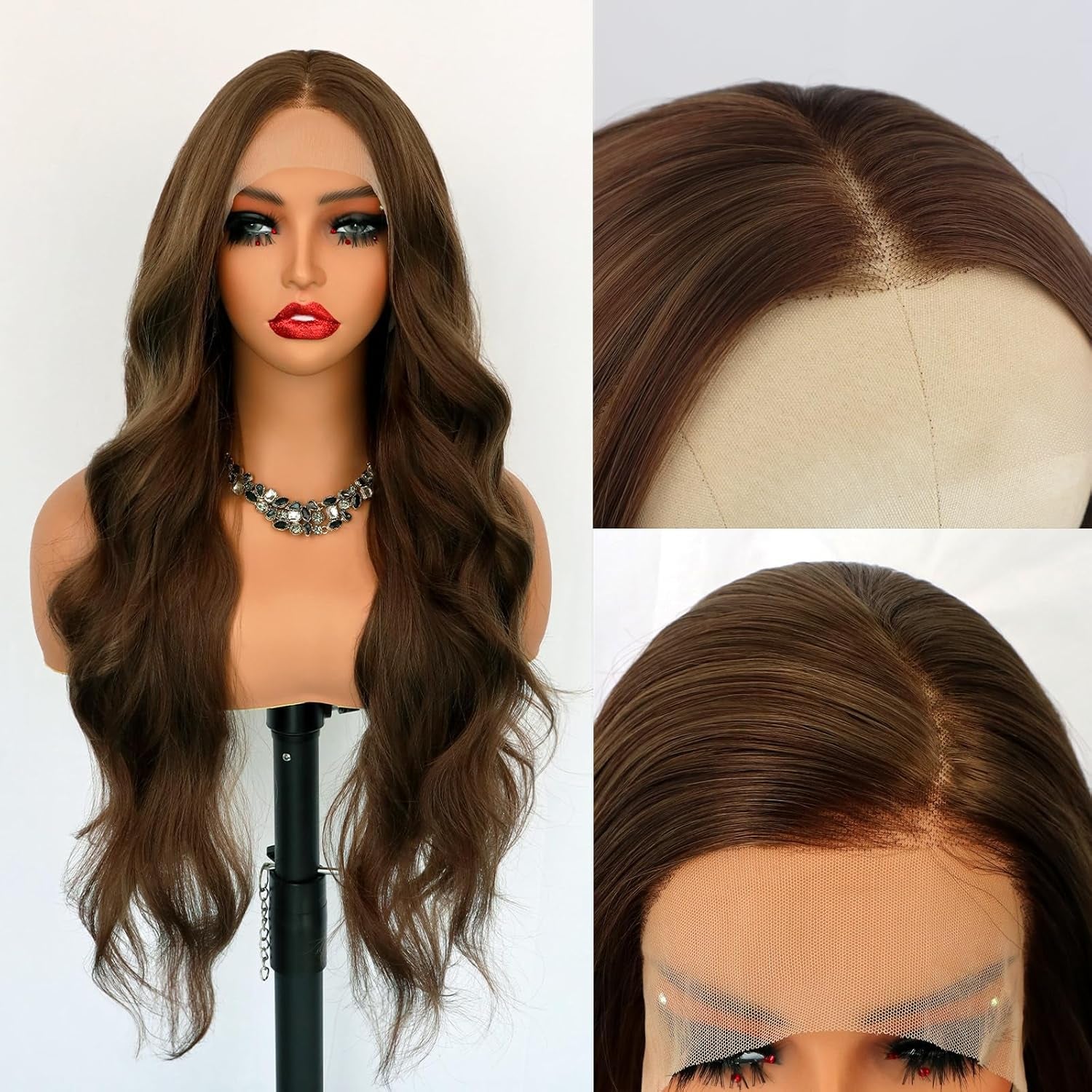 Chocolate Brown Lace Front Wig Long Wavy Curly Hair Wigs Natural Looking Glueless Lace Wigs Heat Resistant Fiber Hair Brown Synthetic Wig for Women Daily Use