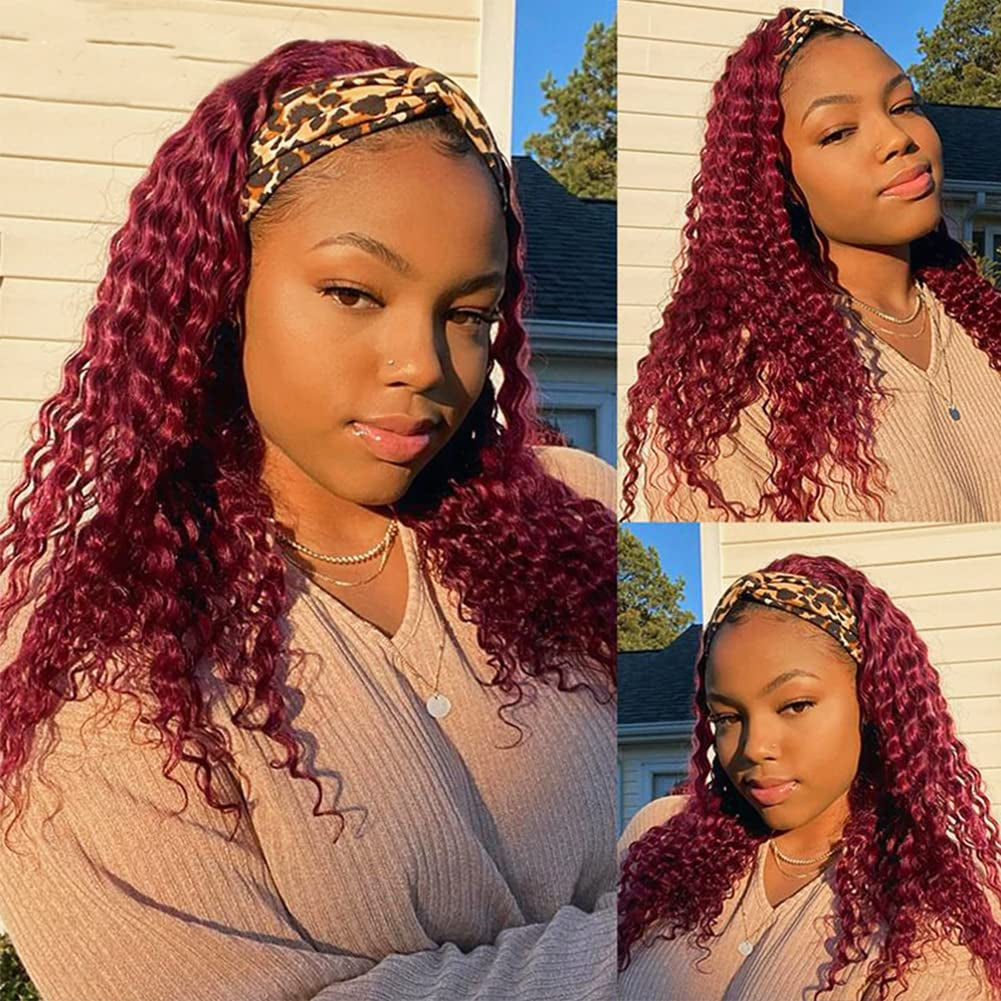 Glueless Wigs Human Hair Curly Headband Wig for Black Women (20 Inch) Brazilian Remy Hair Curly None Lace Front Wigs Human Hair Scarf No Gel Wigs