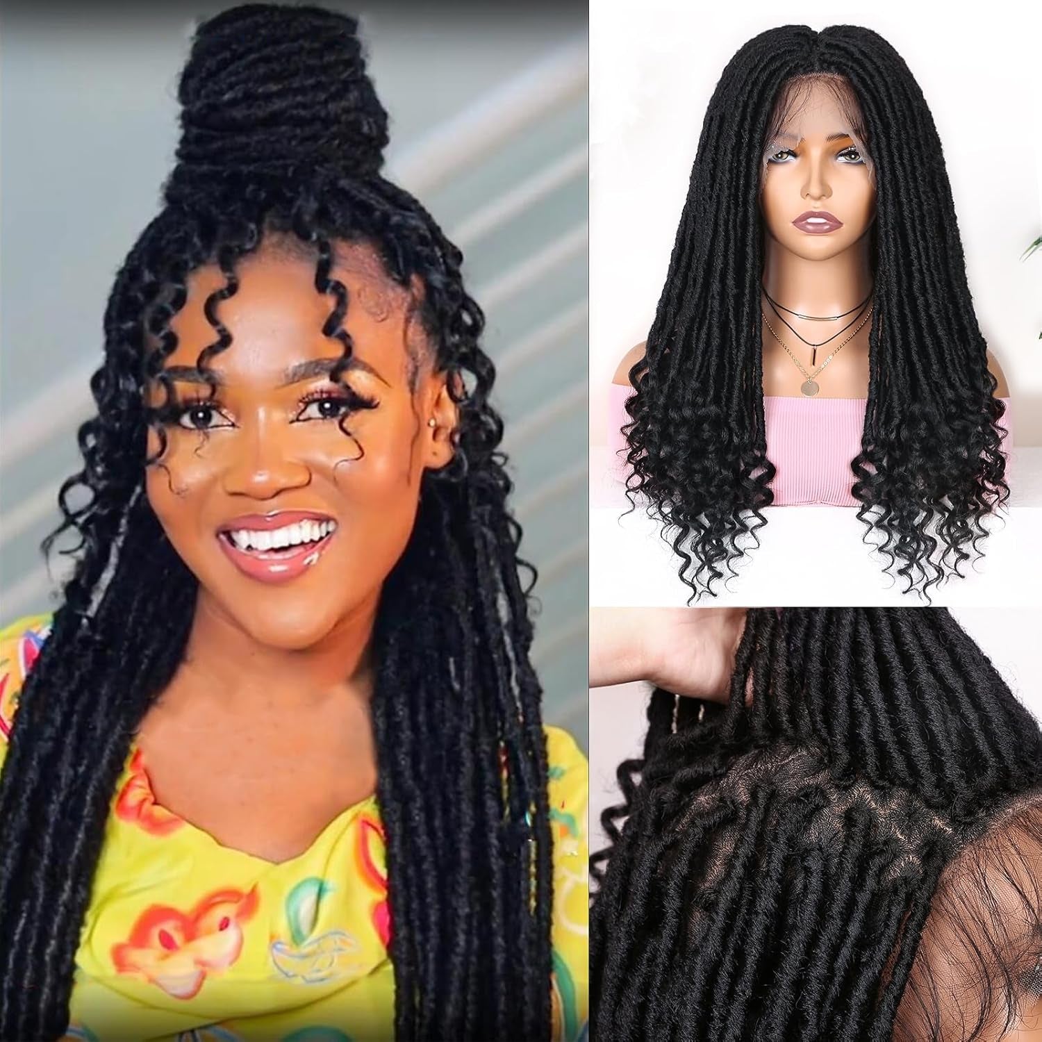 Full Lace Faux Locs Wigs for Black Women Knotless Square Part Dreadlock Wig with Baby Hair Soft Loc Synthetic Dreadlock Wigs Goddess Locs Braided Lace Front Wig