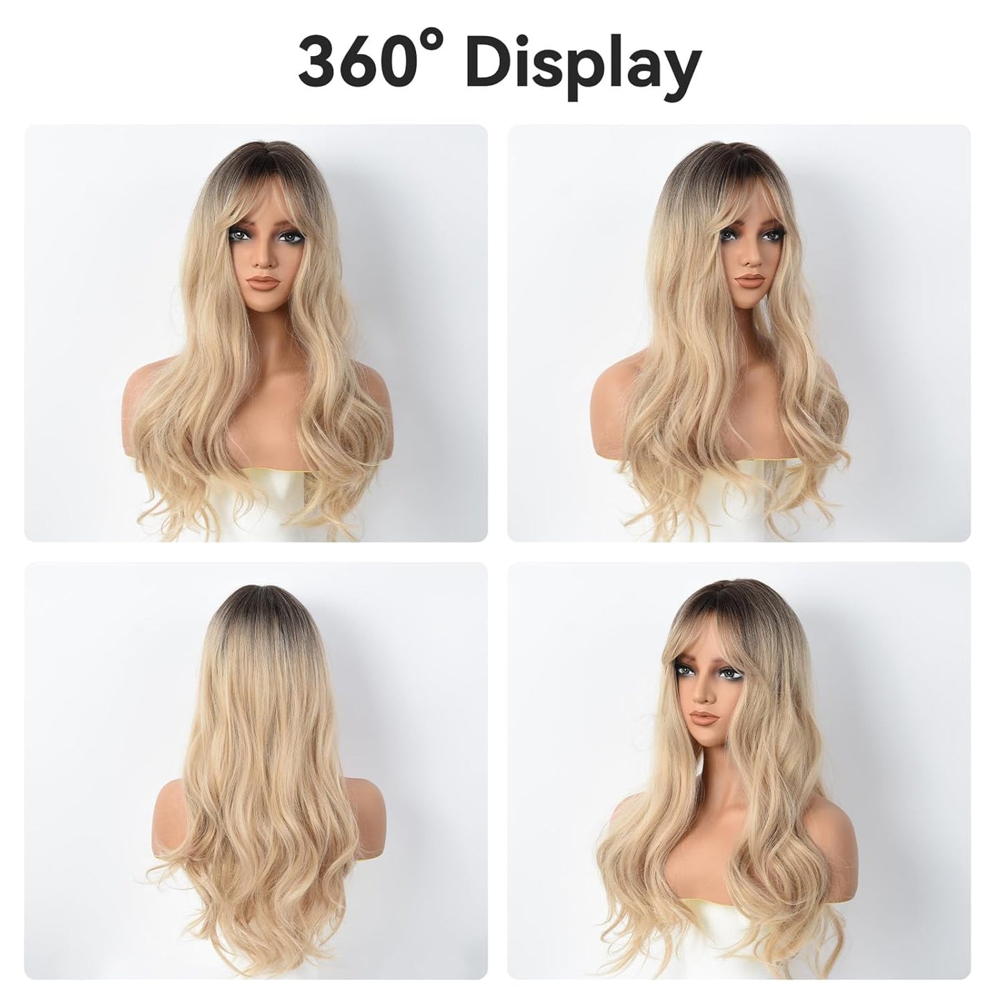 Long Wavy Blonde Wig with Bangs - 26 Inch Long Wavy Blonde Wig with Bangs for Women - Natural Looking Heat Resistant Synthetic Wig for Daily Party Use
