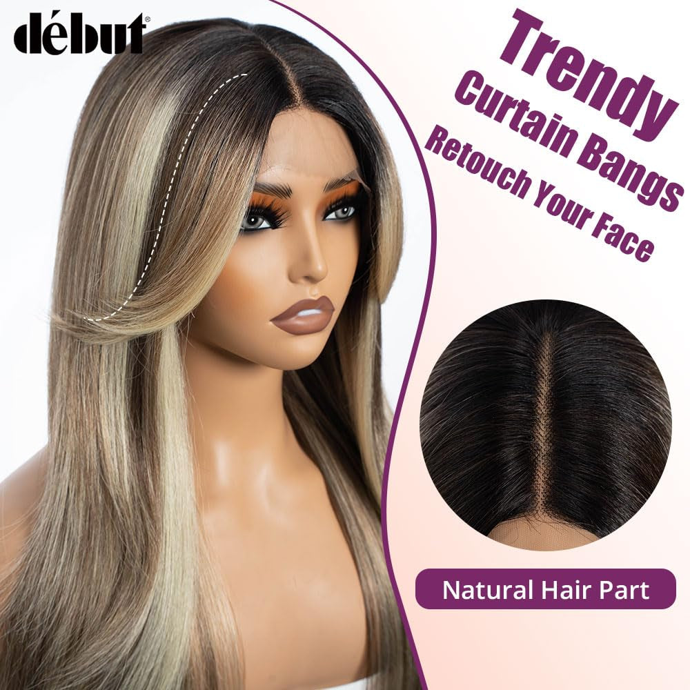 Highlight Ombre Brown Dirty Blonde Layered Wigs with Curtain Bangs, Synthetic Lace Front Wigs with Bangs, Long Straight Middle Part HD Lace Wig with Natural Hairline 26 Inches Wigs for Women
