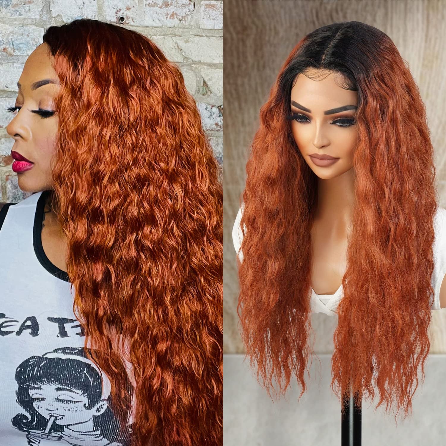 26 Inch Long Wavy Loose Deep Wave Swiss Lace Front Wig Middle Center Part Realistic Hairline for Black Women Heat Resistant Synthetic Wig DPL004 (1B-Off Black)