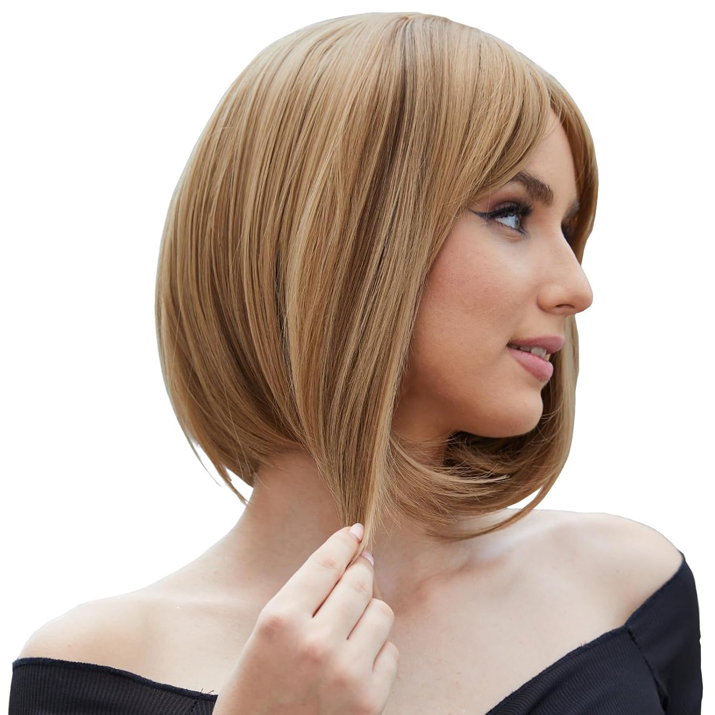 Auburn Bob Wigs with Bangs for Women Short Straight Shoulder Length Heat Resistant Synthetic Wig Light Golden Brown Natural Looking for Daily Cosplay Party