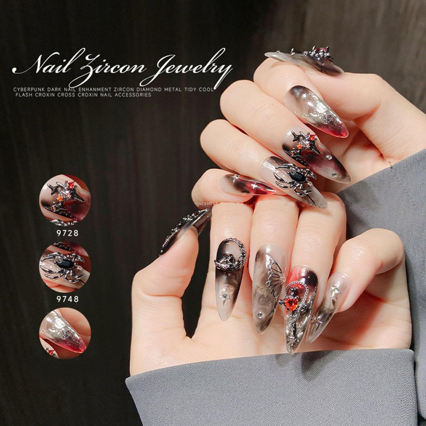 Halloween Nail Charms 22PCS 3D Alloy Spider Skull Halloween Nail Art Charms Vintage Gothic Retro Nail Art Supplies Dark Black Cross Moon Heart Nail Gems and Rhinestones Nail Accessories for Women