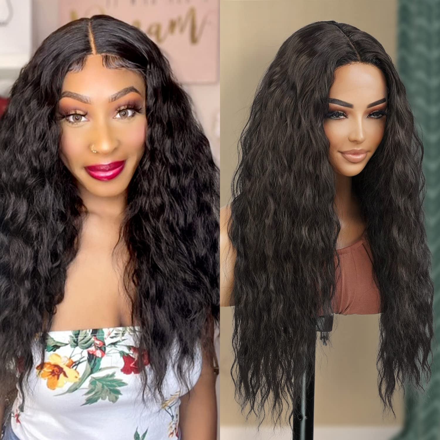 26 Inch Long Wavy Loose Deep Wave Swiss Lace Front Wig Middle Center Part Realistic Hairline for Black Women Heat Resistant Synthetic Wig DPL004 (1B-Off Black)