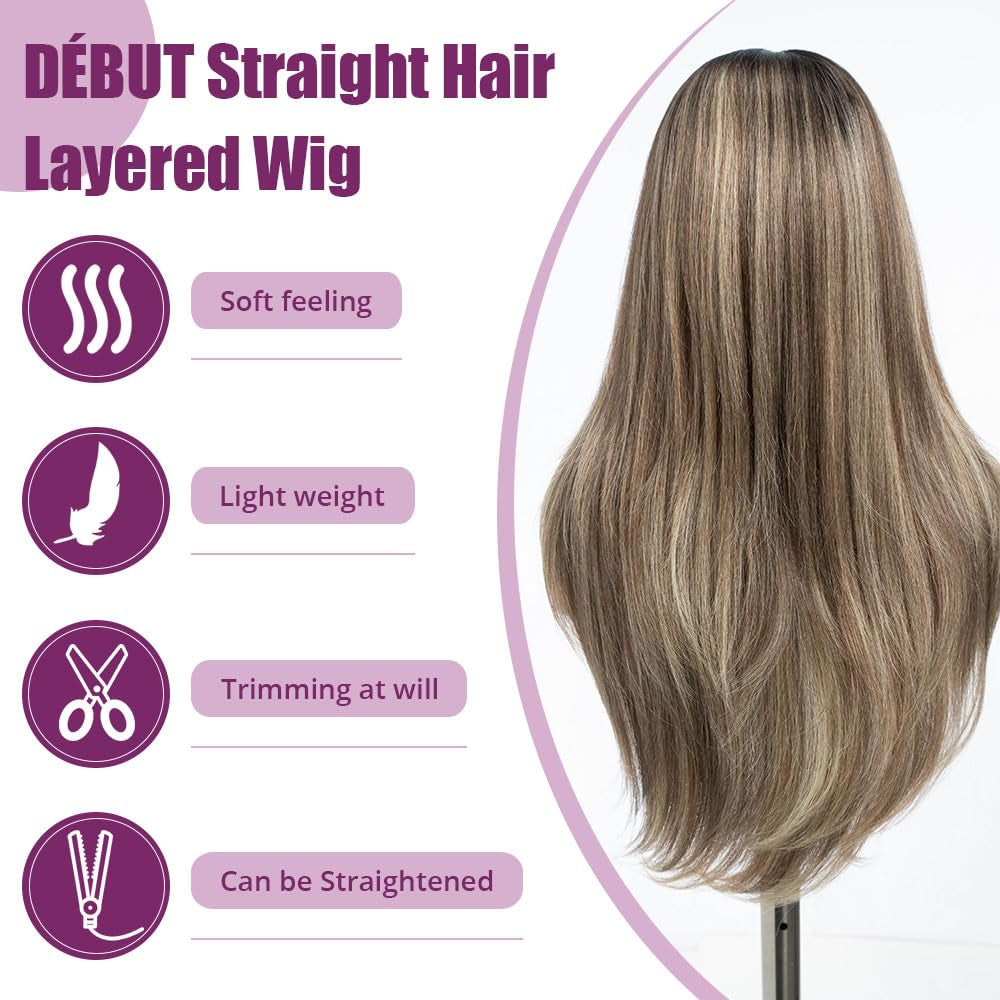Highlight Ombre Brown Dirty Blonde Layered Wigs with Curtain Bangs, Synthetic Lace Front Wigs with Bangs, Long Straight Middle Part HD Lace Wig with Natural Hairline 26 Inches Wigs for Women