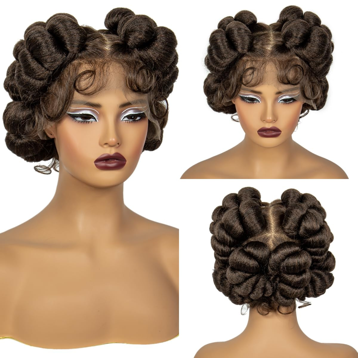 Transparent Full Lace Braided Wigs Short Cute Handmade Bantu Synthetic Braided Lace Wigs with Baby Hair Knotless Braiding Hair Wigs for Black Women(350#)