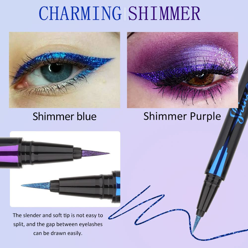 2Pcs Royal Blue & Purple Glitter Colored Liquid Eyeliner Eye Shadow Makeup Pencil Set, Purple Blue Face Body Glitter Makeup Fake Eyelashes Mascara, Sparkle Metallic Shimmer Eyeliner Waterproof