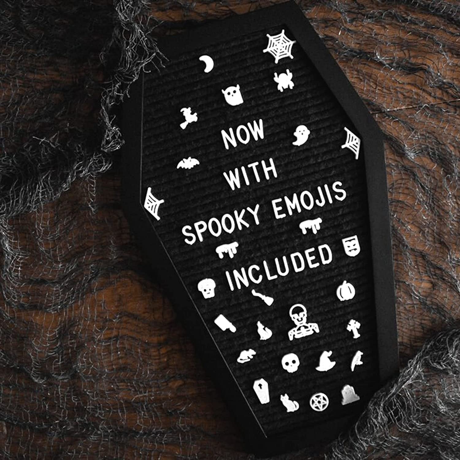 Coffin Letter Board Black +3D Bat Stickers +650 Characters, Spooky & Seasonal Emojis, Wooden Stand - 17X10.5 Inches - Coffin Shaped Goth Decor Sign Witchy Halloween Decorations Gothic Decor Birthday Wedding Home Spooky Gifts