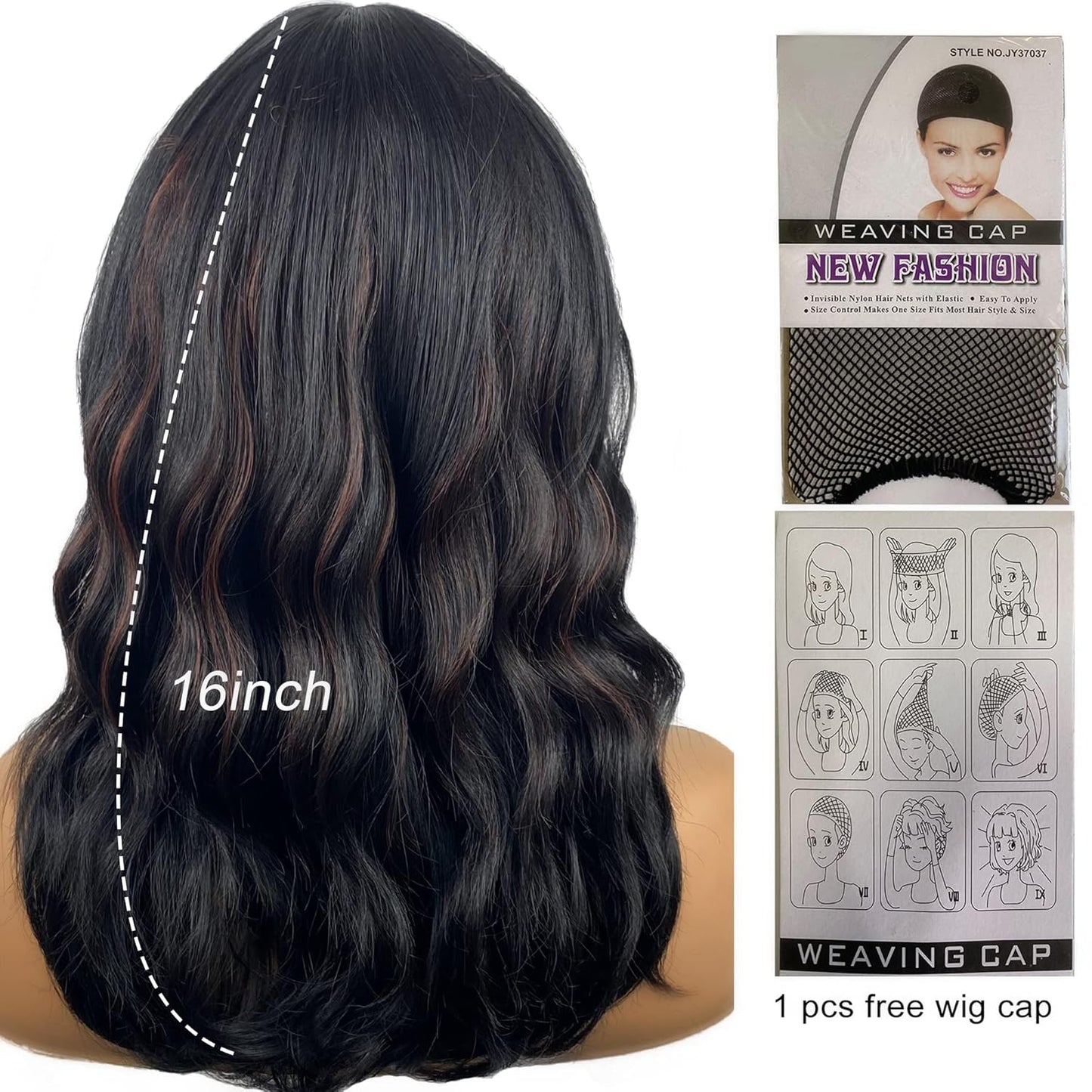 16 Inch Short Wavy Bob Wig with Bangs,Black with Red Shoulder Length Hair Wigs for Women,Natural Looking Synthetic Heat Resistant Fiber Curly Wigs for Daily