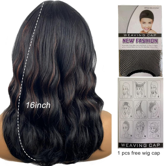 16 Inch Short Wavy Bob Wig with Bangs,Black with Red Shoulder Length Hair Wigs for Women,Natural Looking Synthetic Heat Resistant Fiber Curly Wigs for Daily