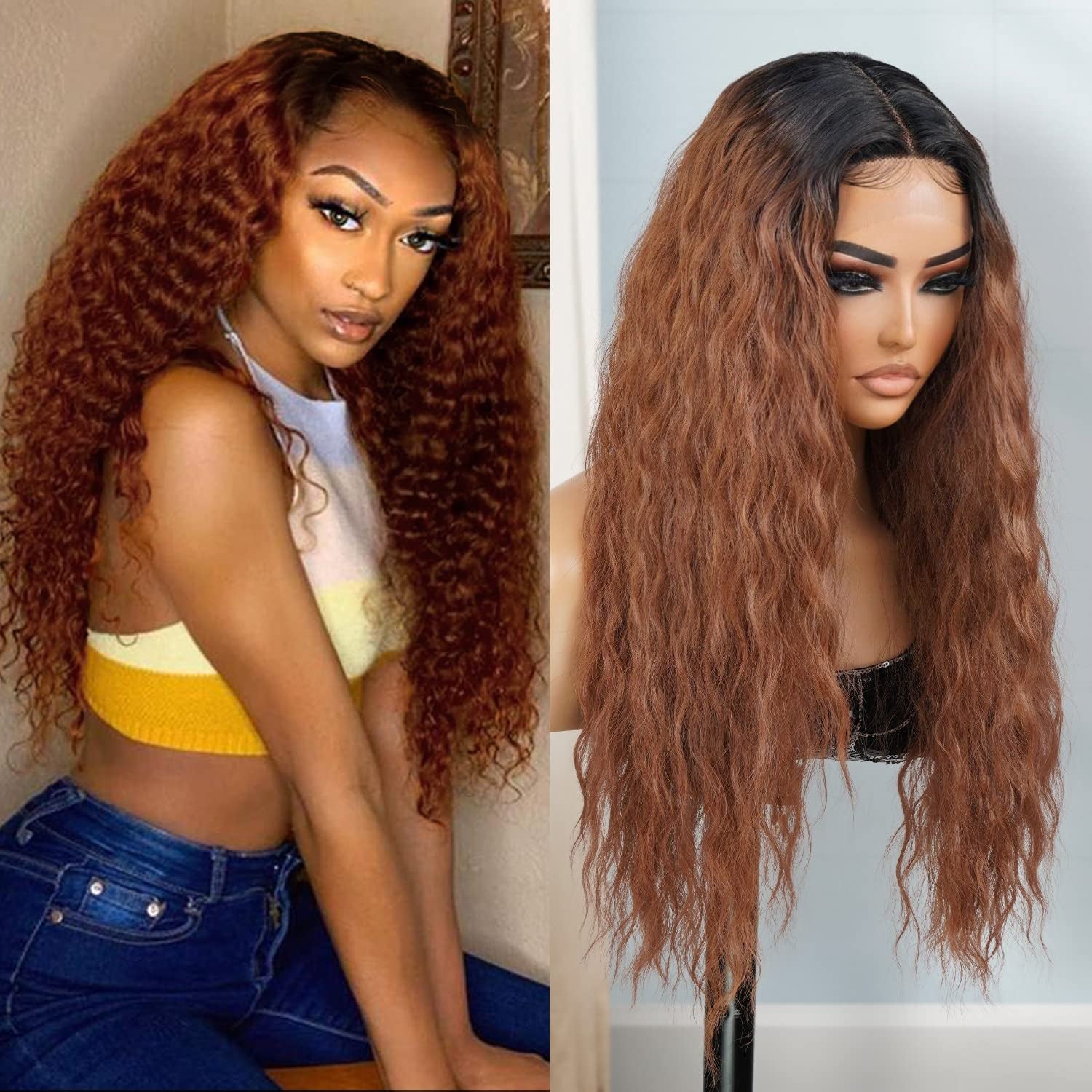 26 Inch Long Wavy Loose Deep Wave Swiss Lace Front Wig Middle Center Part Realistic Hairline for Black Women Heat Resistant Synthetic Wig DPL004 (1B-Off Black)