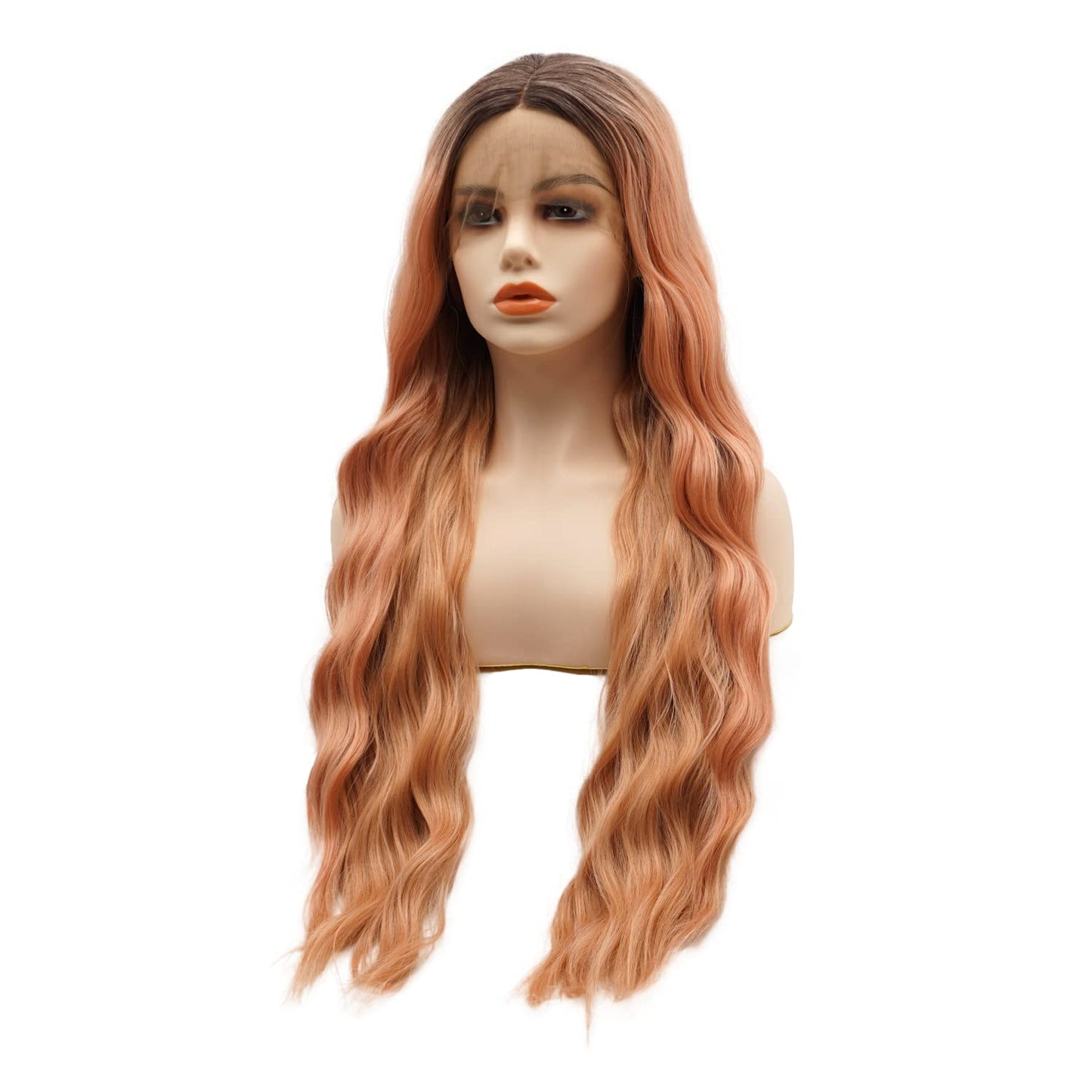 Hair Synthetic Lace Front Wig Wavy Long 26Inch Dark Root Rose Gold Ombre Heavy Density Heat Resistant Realistic Wig