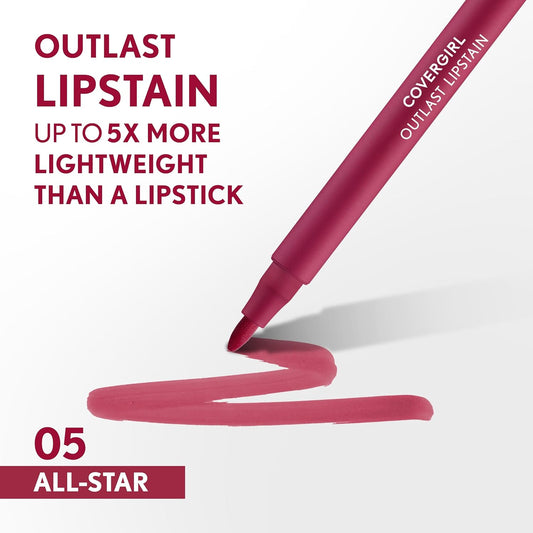 Outlast, 05 All-Star, Lipstain, Smooth Application, Precise Pen-Like Tip, Transfer-Proof, Satin Stained Finish, Vegan Formula, 0.06Oz