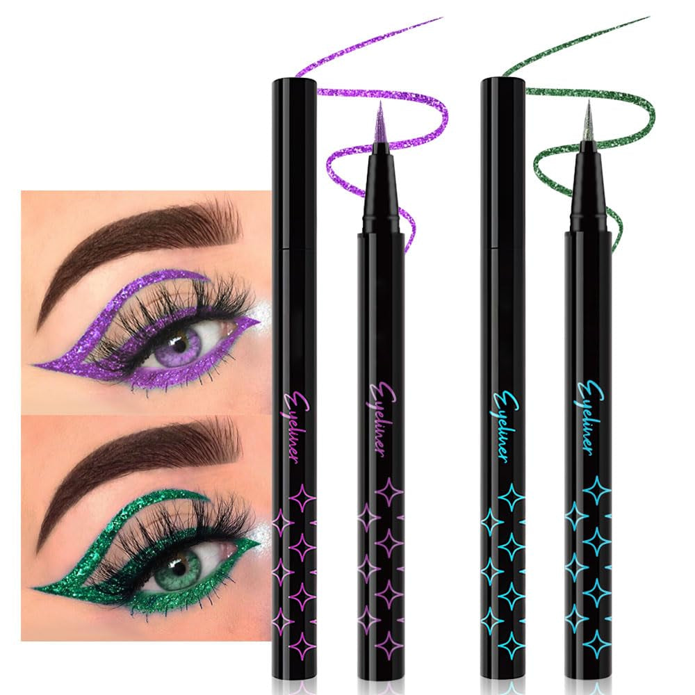 2Pcs Royal Blue & Purple Glitter Colored Liquid Eyeliner Eye Shadow Makeup Pencil Set, Purple Blue Face Body Glitter Makeup Fake Eyelashes Mascara, Sparkle Metallic Shimmer Eyeliner Waterproof