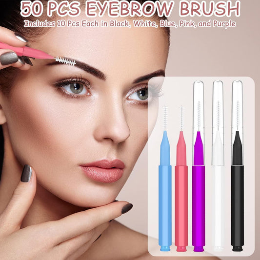 20/50/80PCS Eyebrow & Lash Brush Set with Caps | Spoolies + Angled Brushes in 5 Colors for Lamination, Extensions & Makeup