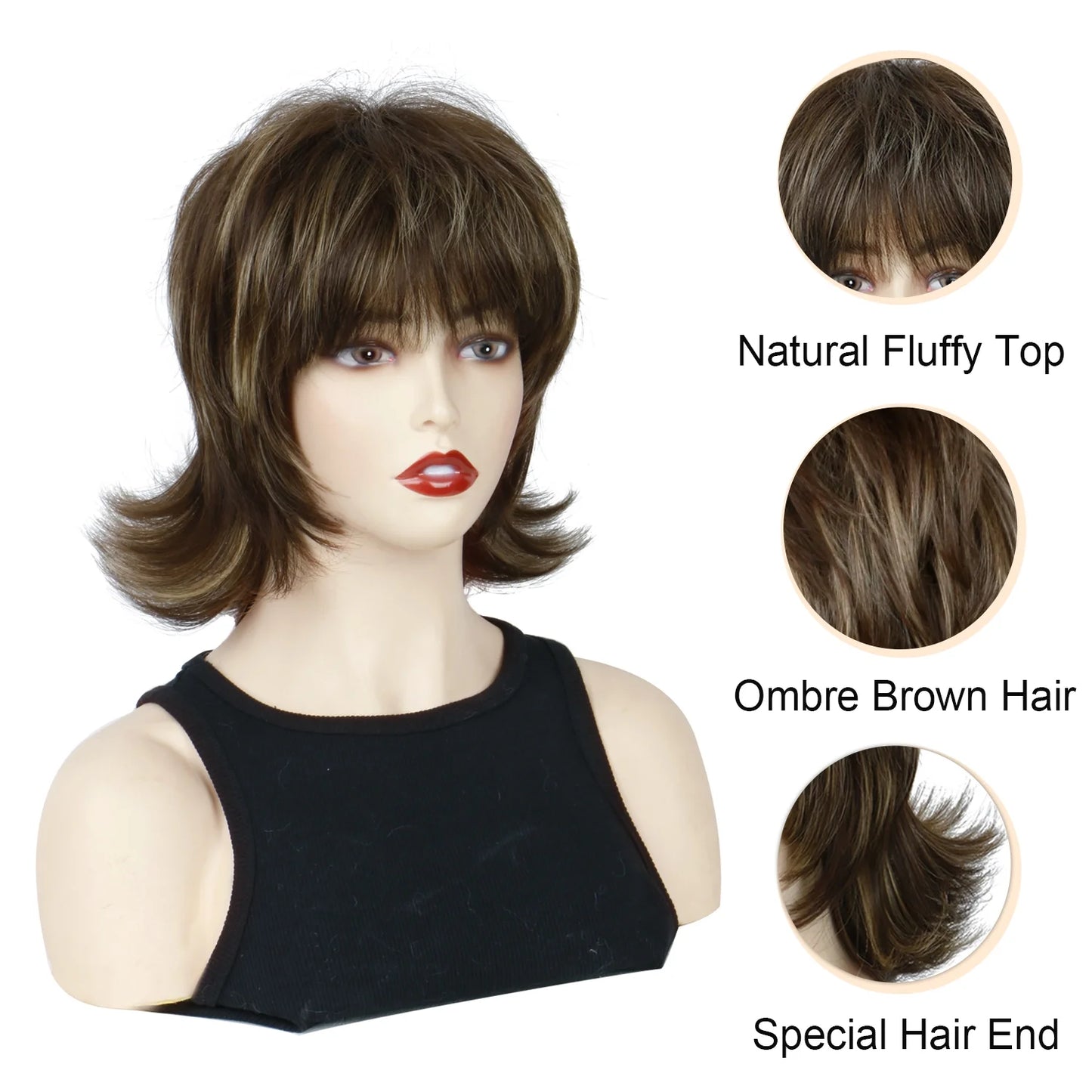 Short Brown Wig for Women Mullet Highlight Blonde Curly Synthetic Wigs