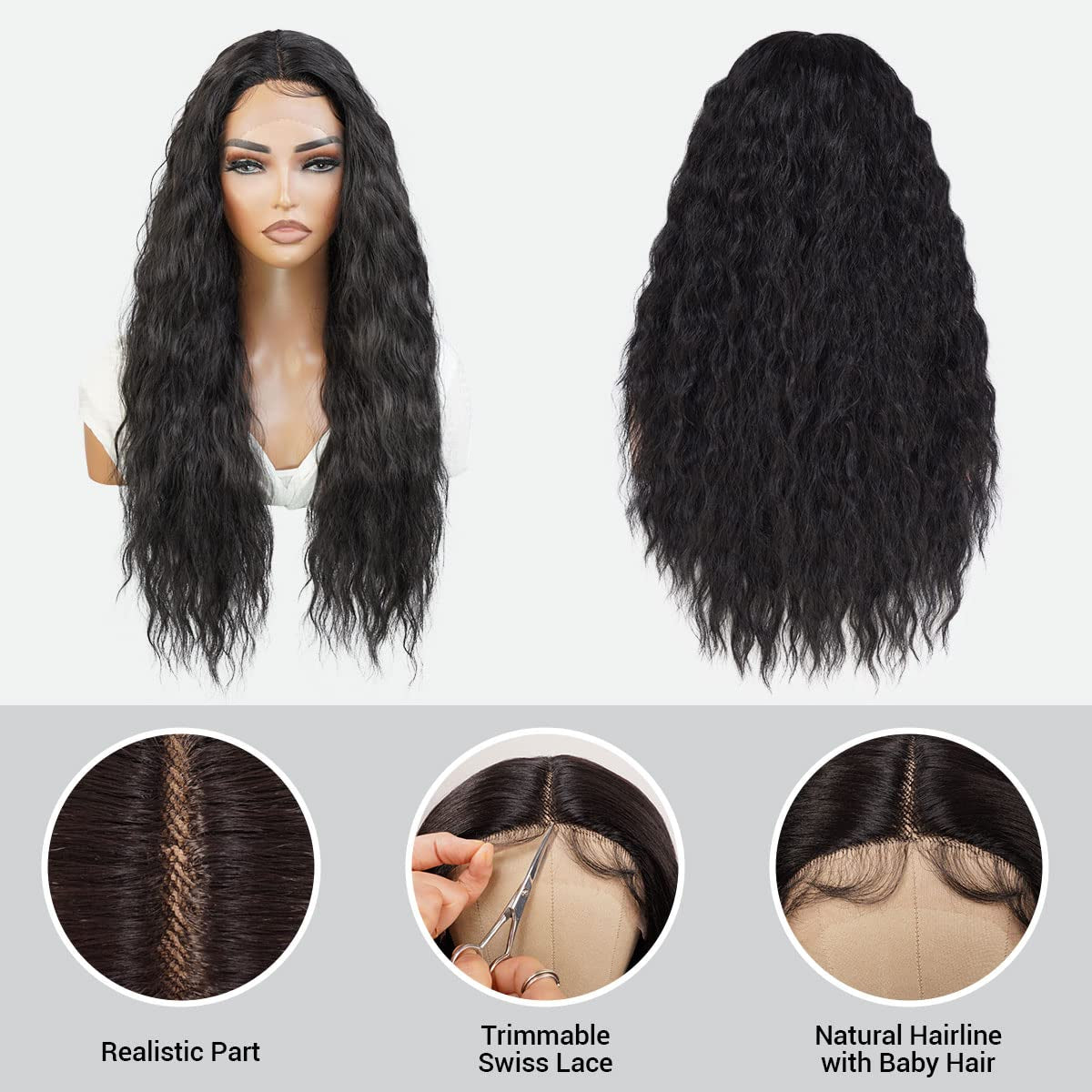 26 Inch Long Wavy Loose Deep Wave Swiss Lace Front Wig Middle Center Part Realistic Hairline for Black Women Heat Resistant Synthetic Wig DPL004 (1B-Off Black)