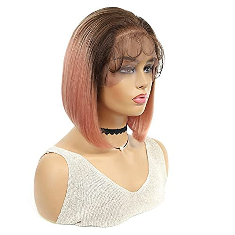 Short Bob Lace Front Human Hair Wigs Ombre Pink Brazilian Remy Straight Wigs for Black Women Pre Plucked Natural Hairline Colored Lace Wig (10Inch)