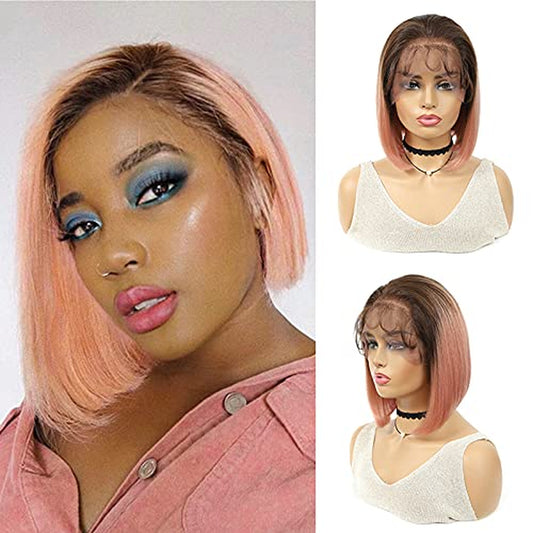 Short Bob Lace Front Human Hair Wigs Ombre Pink Brazilian Remy Straight Wigs for Black Women Pre Plucked Natural Hairline Colored Lace Wig (10Inch)