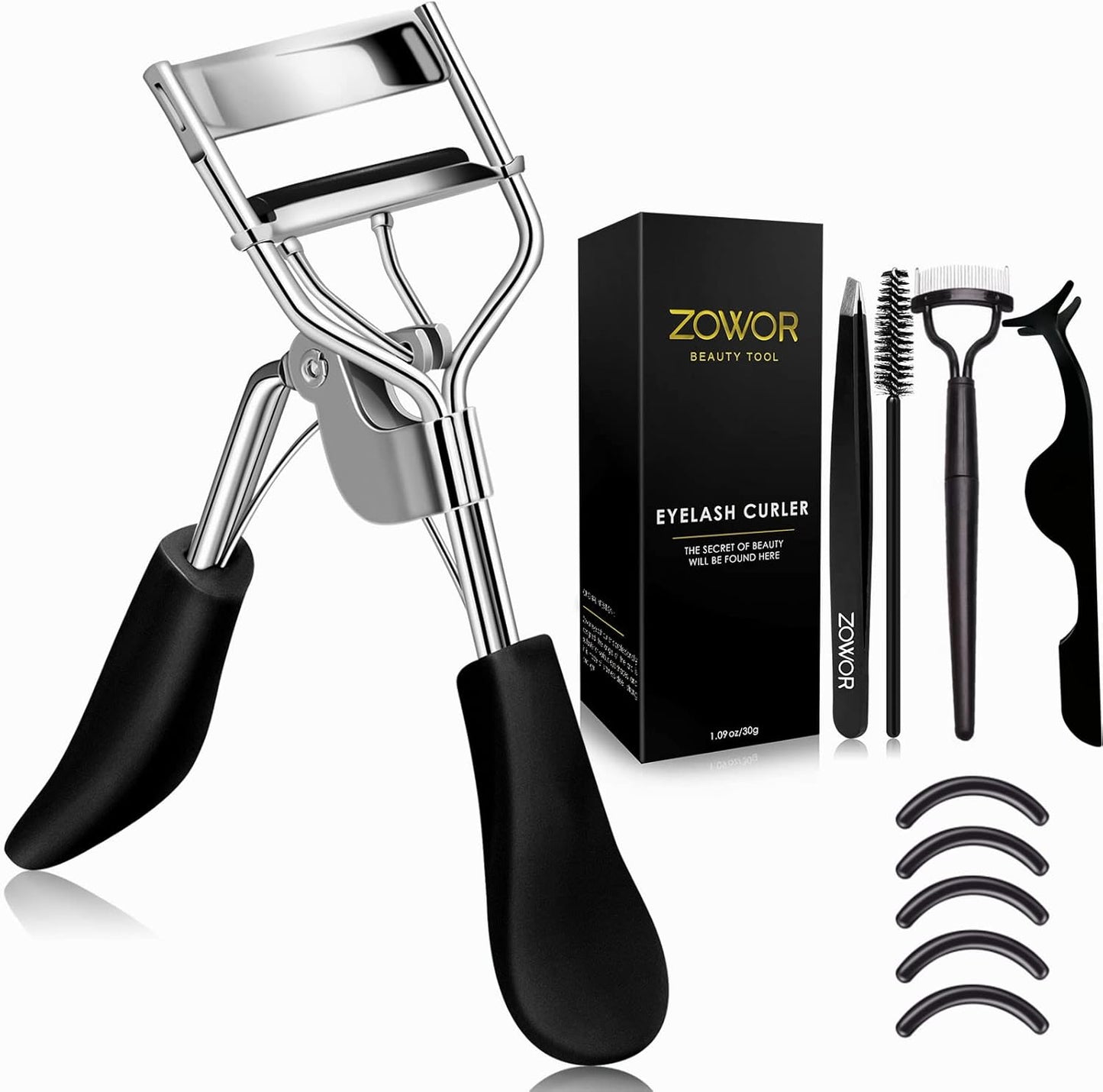 Eyelash Curler with Comb and Brush Fit All Eye Shape Curved Eyelash Curlers with 5PCS Silicone Refill Pad,Natural and Long Lasting Lash Curler for Women Make up Gift(Blue)