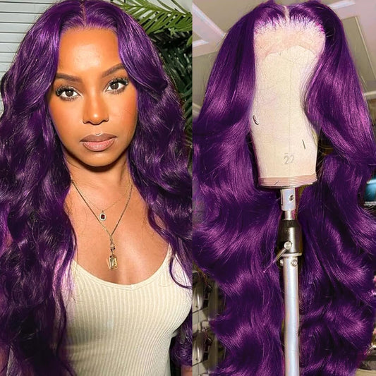 Purple Body Wave 13X4 Lace Frontal Wigs HD Lace Front Wigs Glueless Pre Plucked Bluish Violet Glueless Wigs 28 Inch Soft Hair Natural Hair Line Baby Hair Heat Resistant