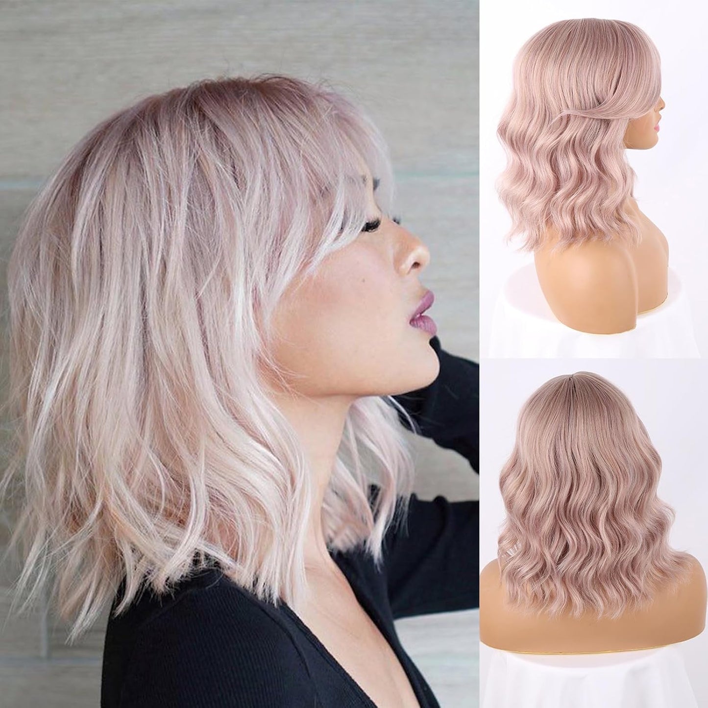 Dark Brown Wavy Bob Wig Natural Brown Curly Bob Wig with Curtain Bangs for Black Women,Synthetic Short Curly with Bangs Wavy Shoulder Length Hair for Daily Use 4#
