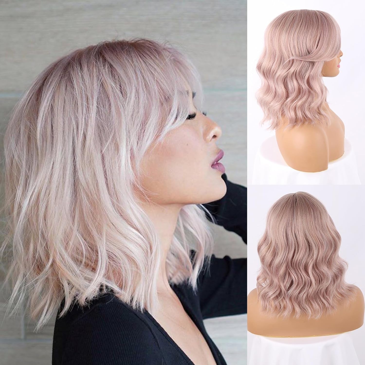 Dark Brown Wavy Bob Wig Natural Brown Curly Bob Wig with Curtain Bangs for Black Women,Synthetic Short Curly with Bangs Wavy Shoulder Length Hair for Daily Use 4#