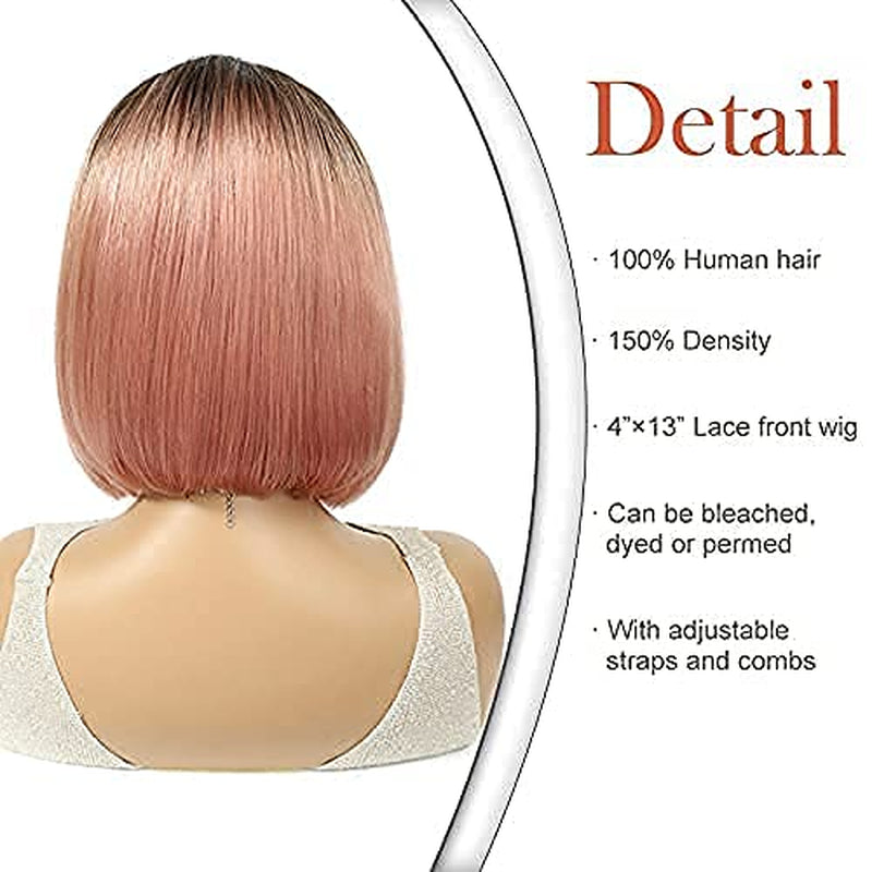 Short Bob Lace Front Human Hair Wigs Ombre Pink Brazilian Remy Straight Wigs for Black Women Pre Plucked Natural Hairline Colored Lace Wig (10Inch)