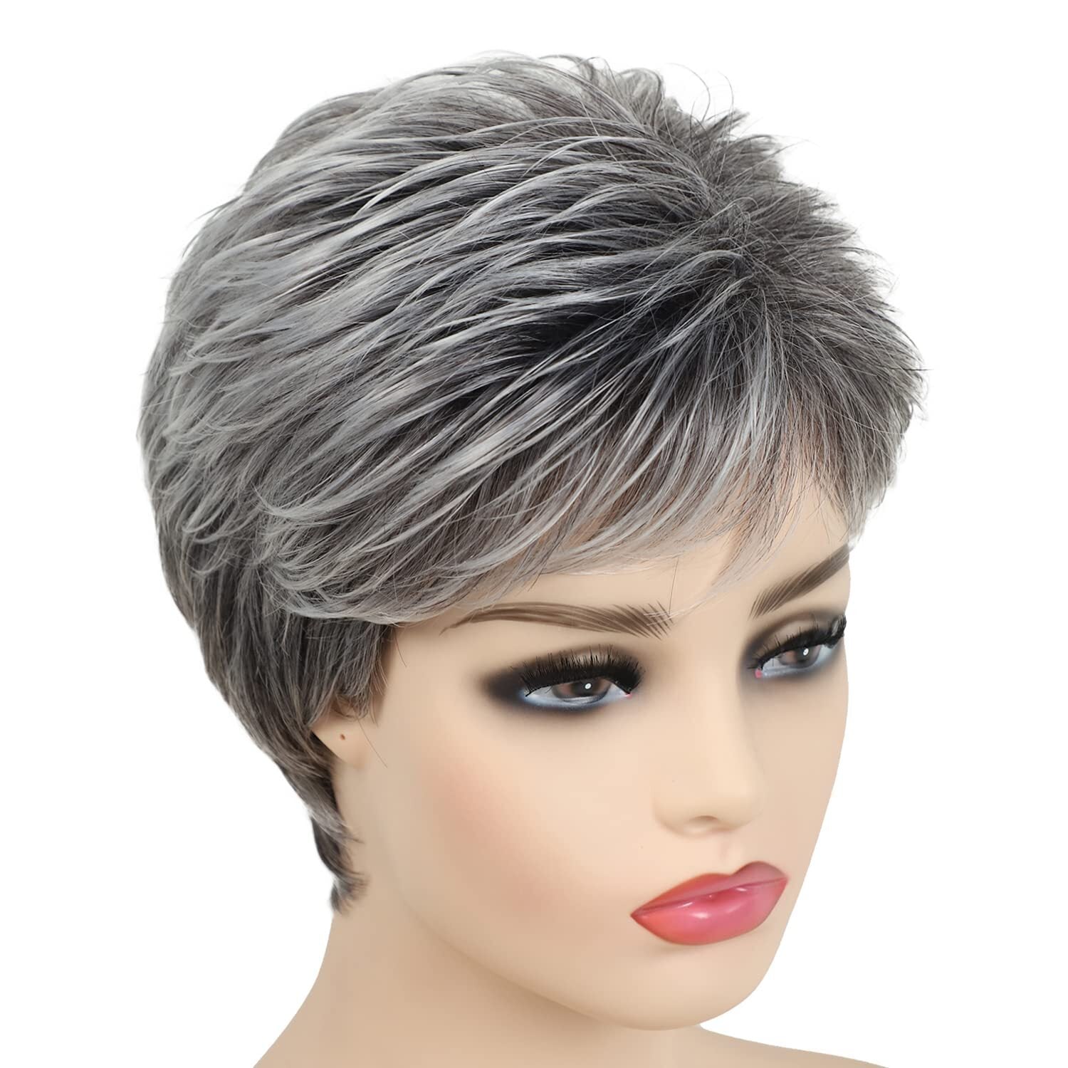 Short Grey Wigs for Women Gray White Pixie Cut Wigs with Dark Root Layered Sy...