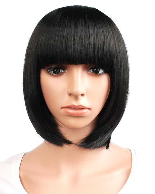 12" / 30Cm Popular Natural Short Straight Wigs Flat Bangs Wigs-Black-Ladies