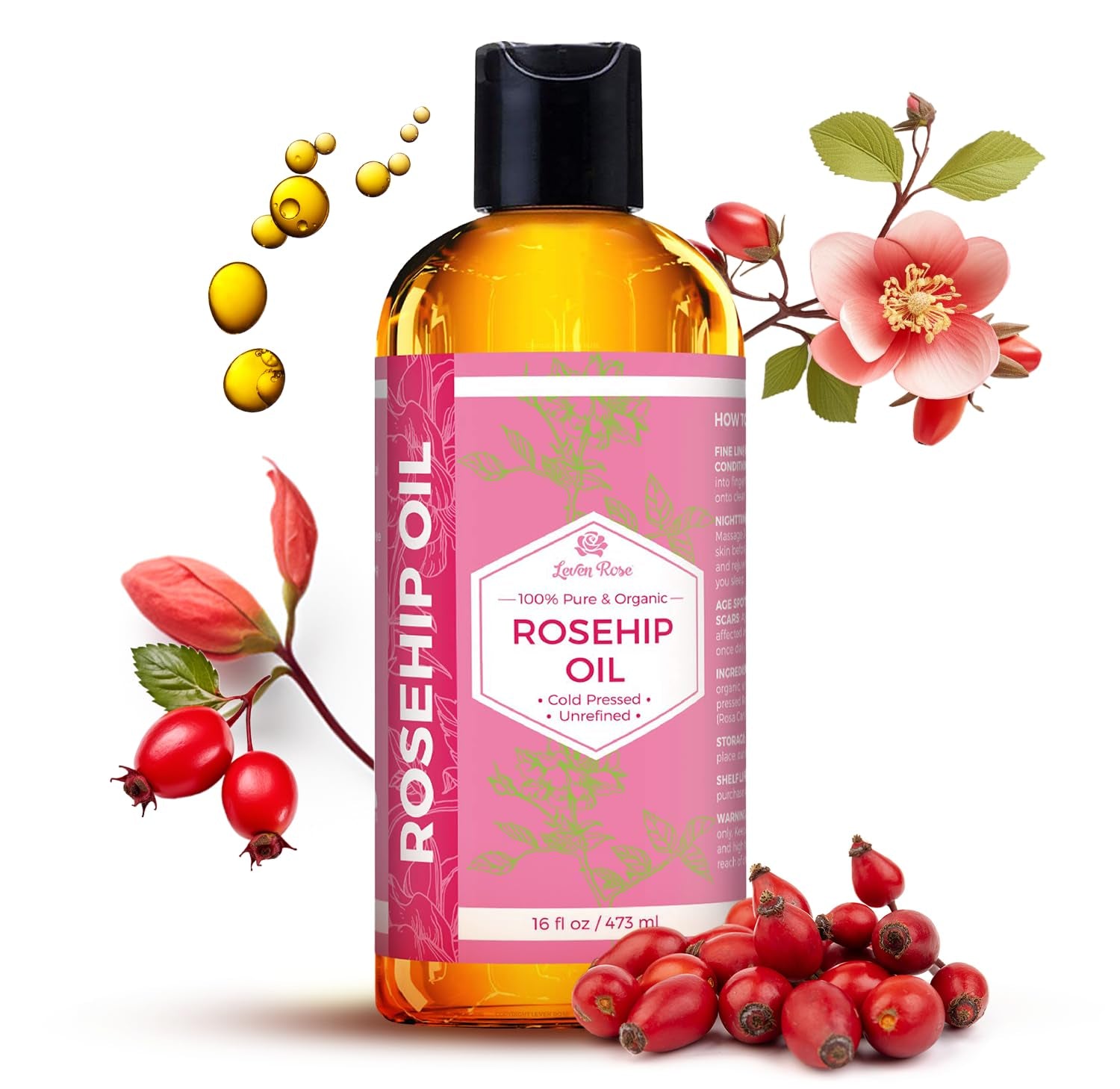 Rosehip Seed Oil for Face 4 Oz - Pure Rosehip Oil for Face - Unrefined Cold Pressed Rosehip Oil for Body - Nighttime Face Moisturizer for Hair, Skin & Nails