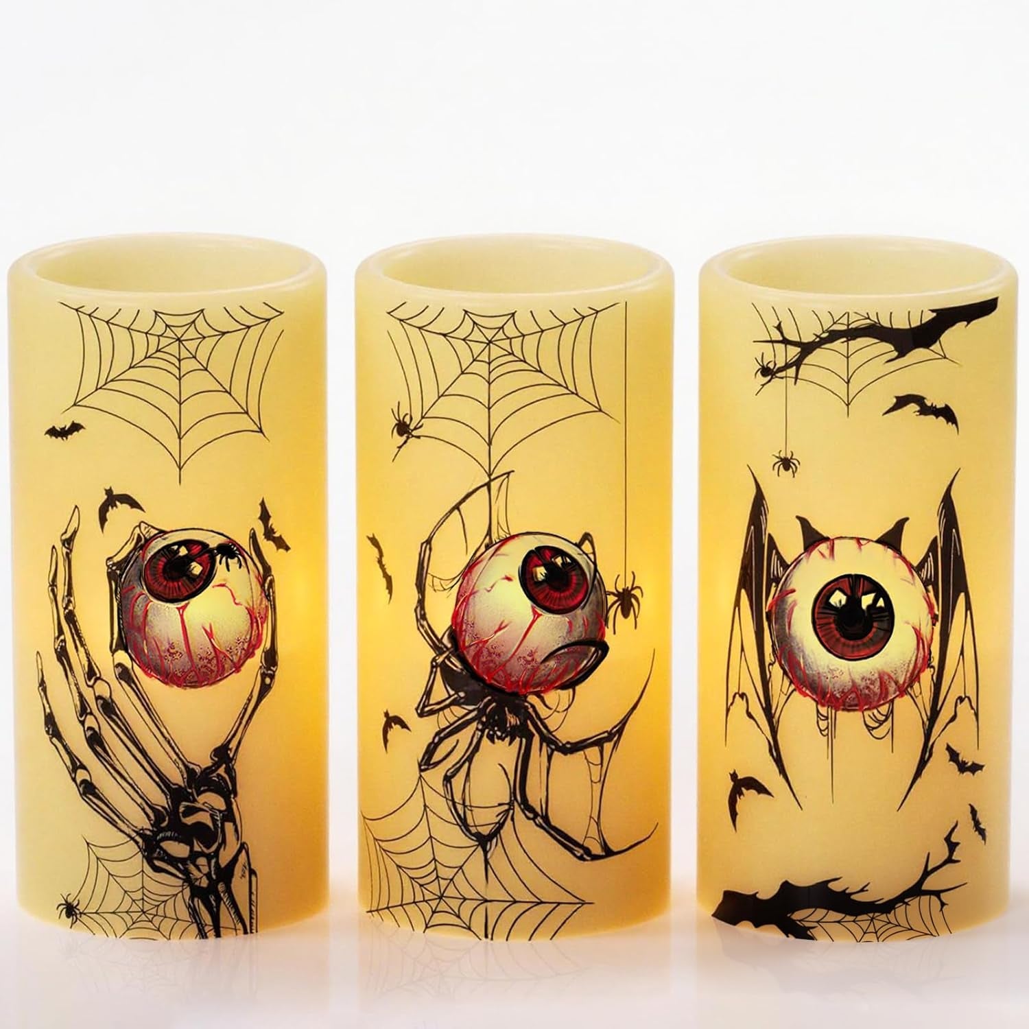 Halloween Flameless Candles, LED Flickering Battery Pillar Candles with 6H Timer and Pumpkin Decals, Spooky Fall Halloween Festival Party Decoration Set of 3 (D 3” X H 4” 5” 6”)