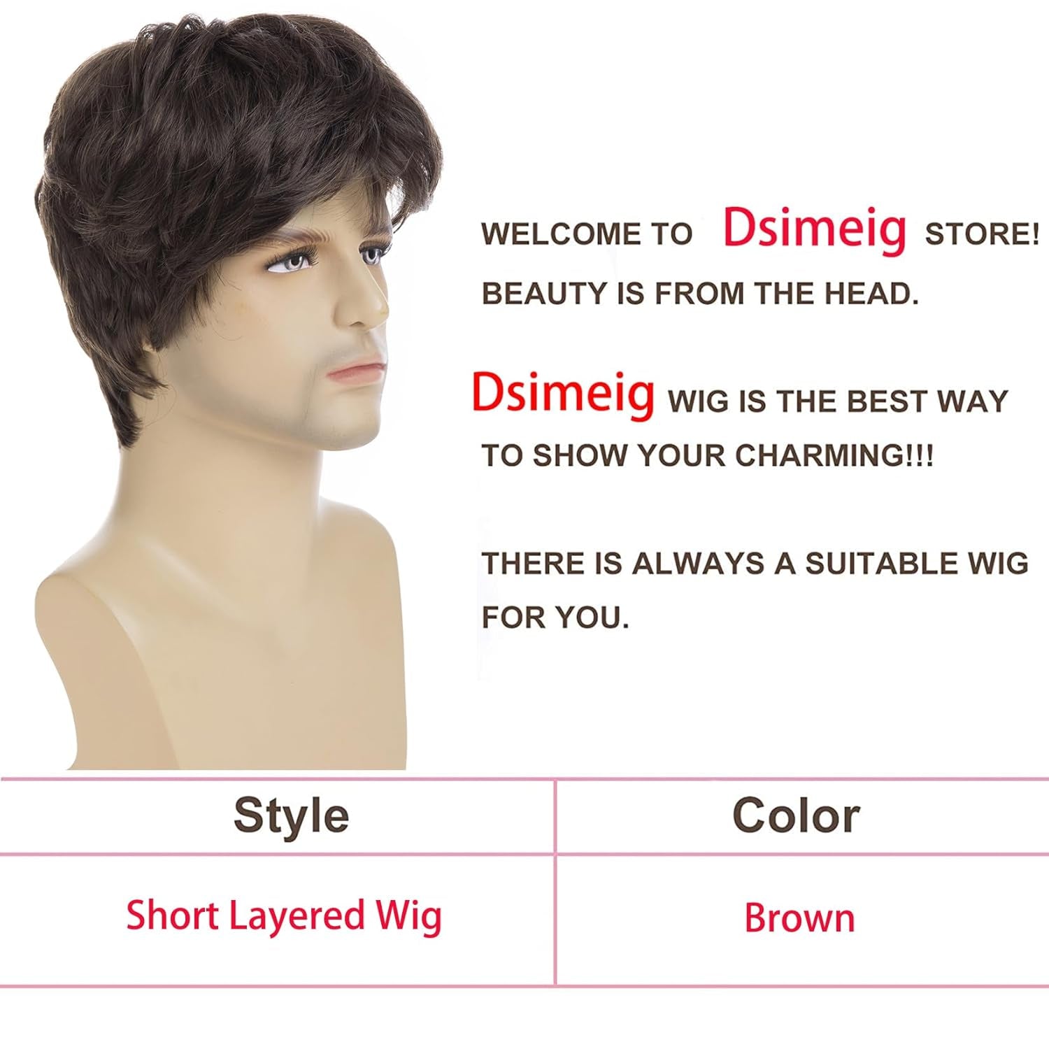 Mens Short Brown Wig Synthetic Natural Replacement Hair Wig for Daily Party Wear