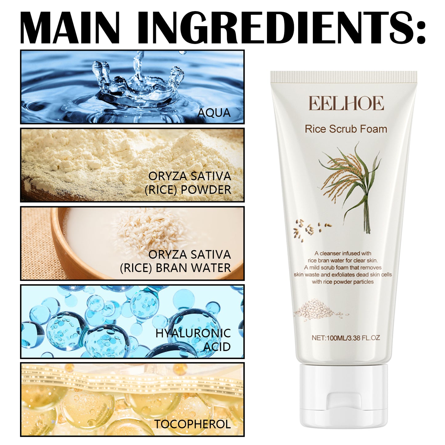 Rice Scrub Foam, Deeply Clean Firming Pores Repair Facial Dull Skin Shine White Face