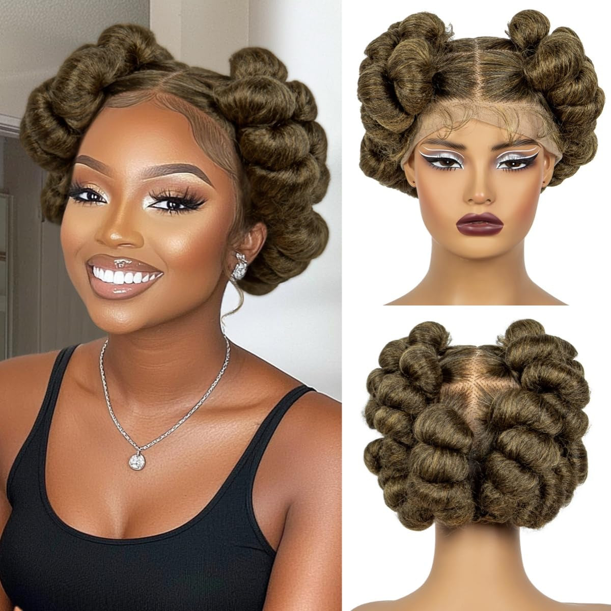 Transparent Full Lace Braided Wigs Short Cute Handmade Bantu Synthetic Braided Lace Wigs with Baby Hair Knotless Braiding Hair Wigs for Black Women(350#)
