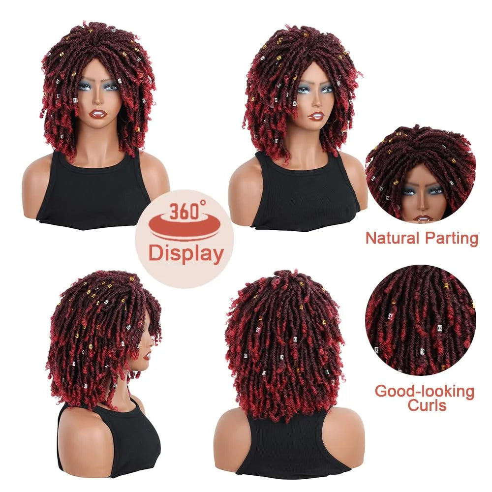 Dreadlock Wig for Black Women Braided Wigs Short Curly Braid Wig Twist Wig Synthetic Red Curly Wigs for Women(Black Mix Burgundy)