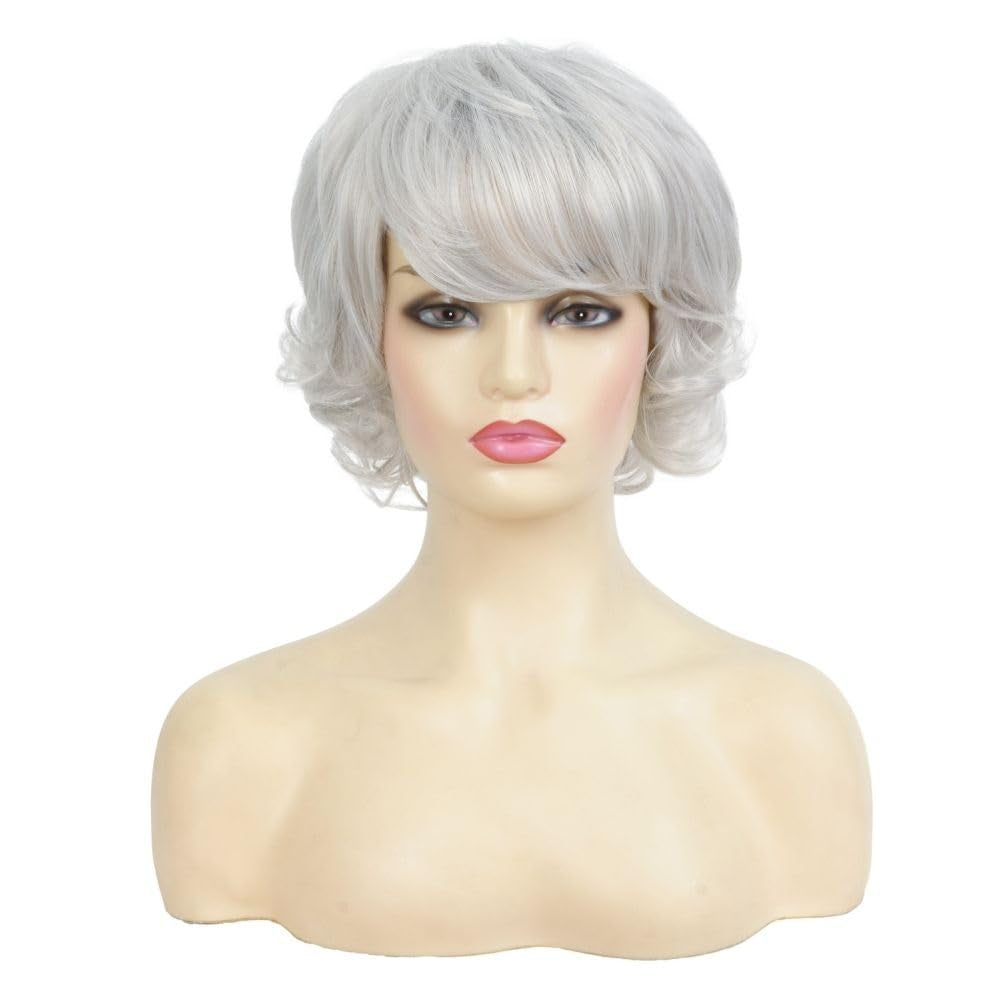 Short White Wigs for Women Pixie Cut Wig with Bangs Synthetic Hair Halloween Daily Party Wig(Silver White)