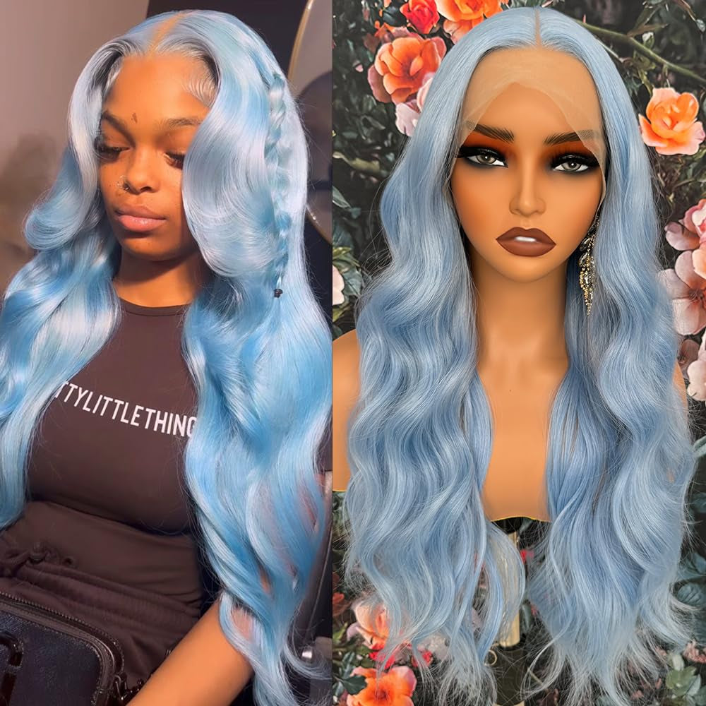Purple Body Wave 13X4 Lace Frontal Wigs HD Lace Front Wigs Glueless Pre Plucked Bluish Violet Glueless Wigs 28 Inch Soft Hair Natural Hair Line Baby Hair Heat Resistant