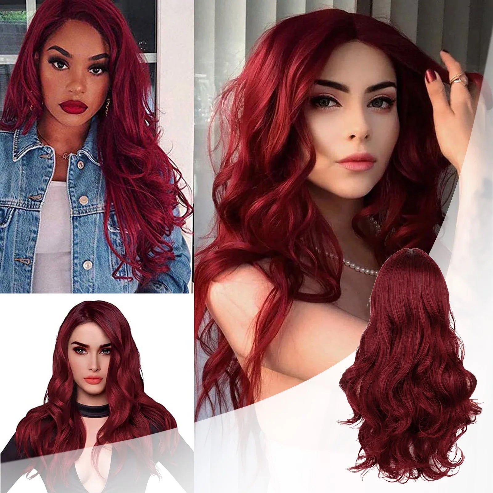 Long Red Lace Front Wig for Women Middle Parts Long Wavy Human Hair Wig with Lace Front Wig Caps Wigs for Women 24Inch