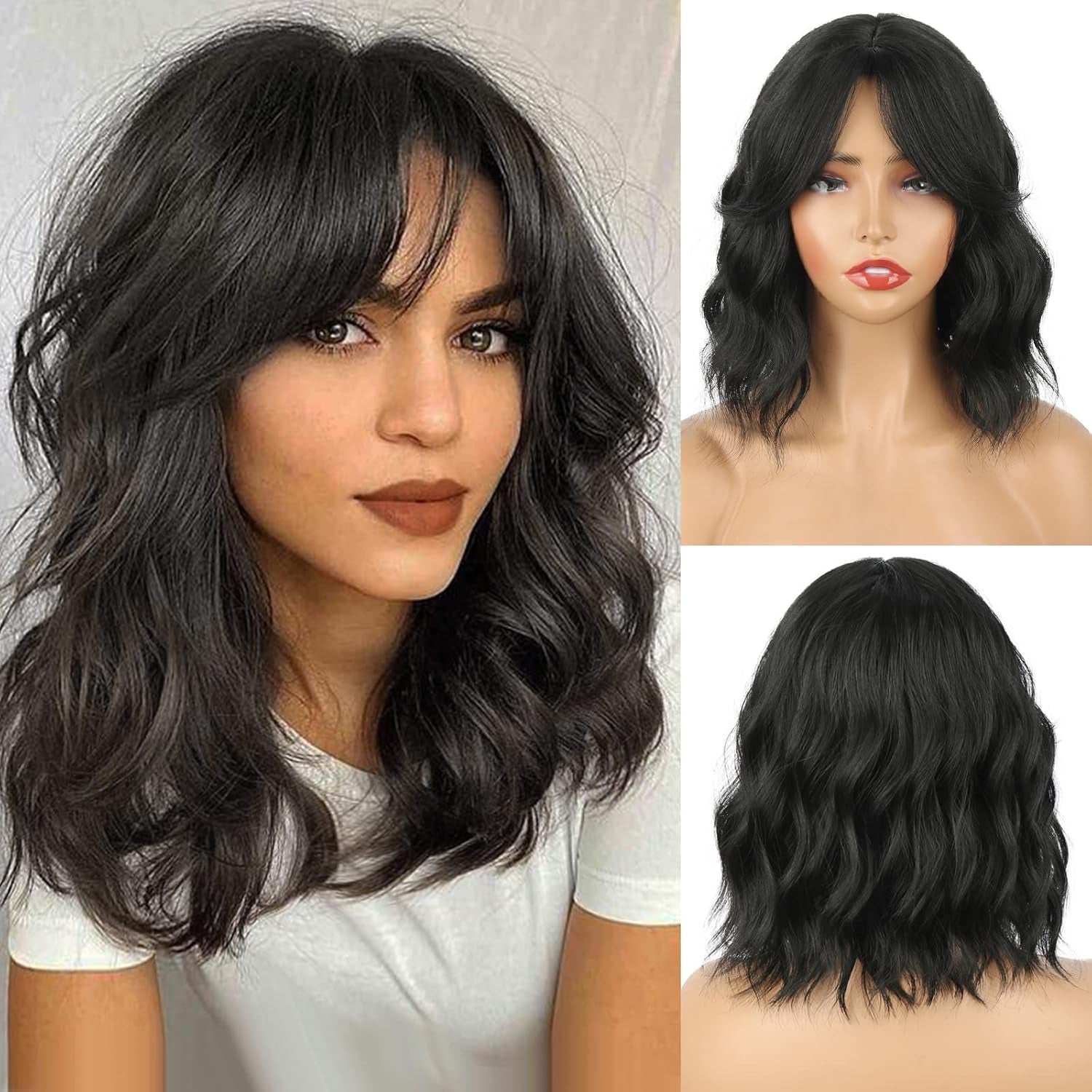 Dark Brown Wavy Bob Wig Natural Brown Curly Bob Wig with Curtain Bangs for Black Women,Synthetic Short Curly with Bangs Wavy Shoulder Length Hair for Daily Use 4#