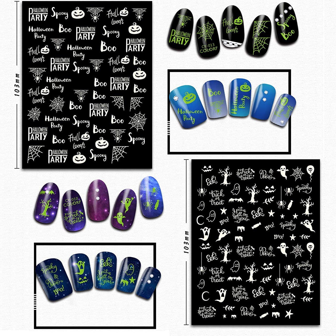 9 Sheets Halloween Nail Stickers Glow in the Dark, Fluorescent Design Nail Decals, Self-Adhesive DIY Nail Art Tips for Women Manicure