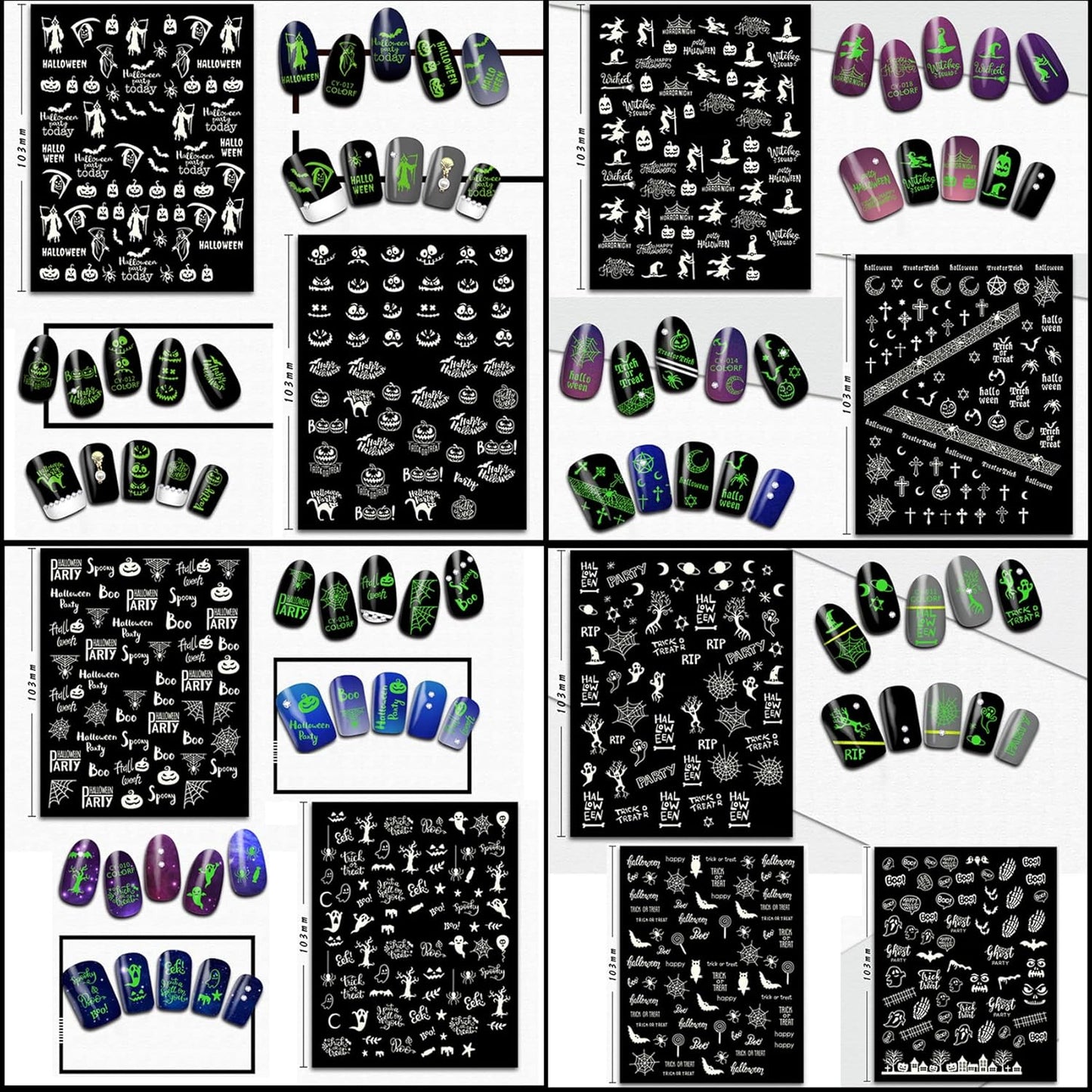 9 Sheets Halloween Nail Stickers Glow in the Dark, Fluorescent Design Nail Decals, Self-Adhesive DIY Nail Art Tips for Women Manicure