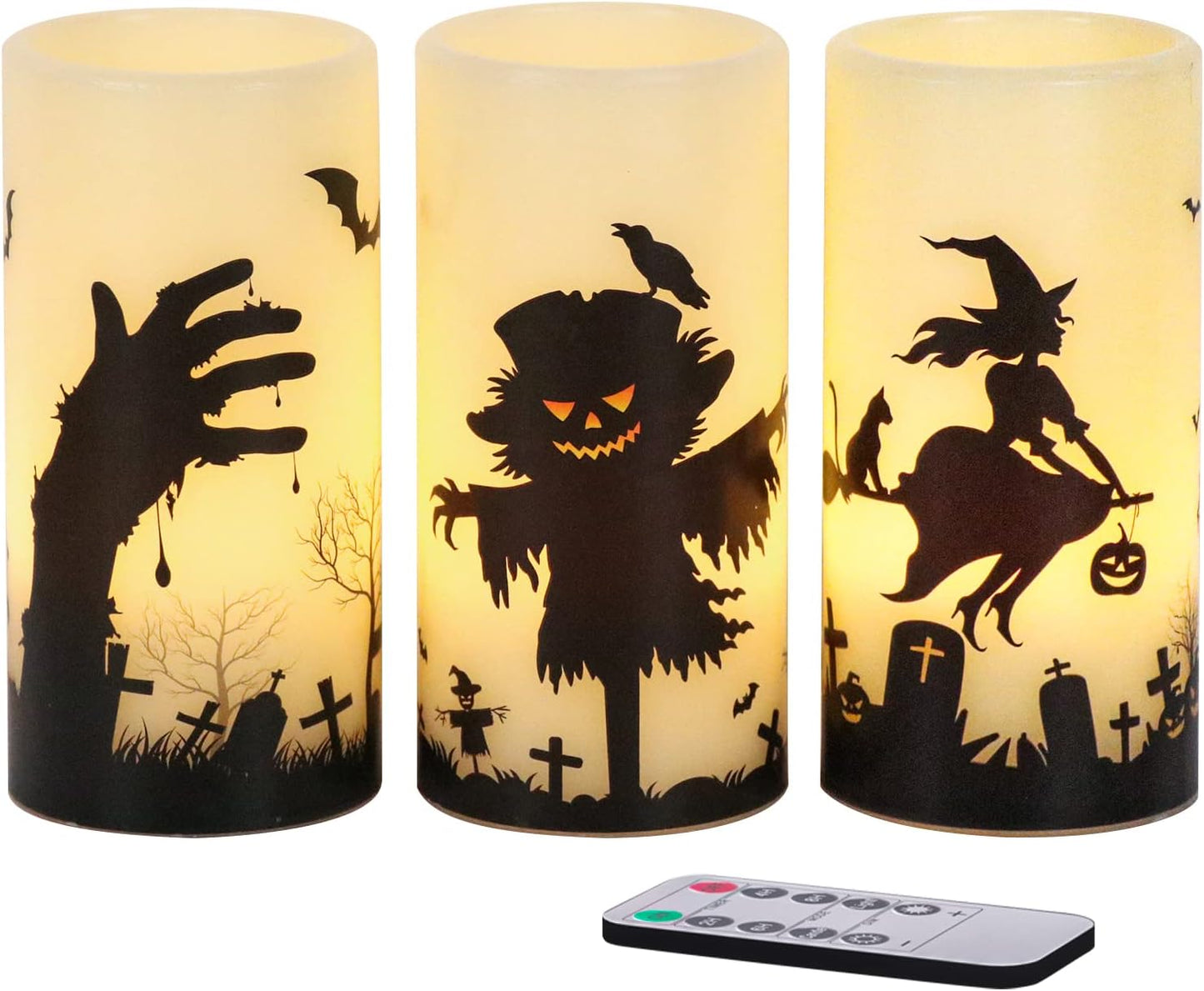 Halloween Flameless Candles, LED Flickering Battery Pillar Candles with 6H Timer and Pumpkin Decals, Spooky Fall Halloween Festival Party Decoration Set of 3 (D 3” X H 4” 5” 6”)